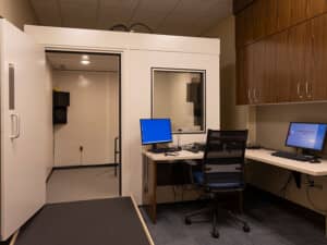 An image of the booth for hearing tests at the MMC Audiology Center