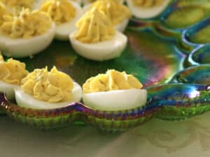 Deviled eggs on decorative plate